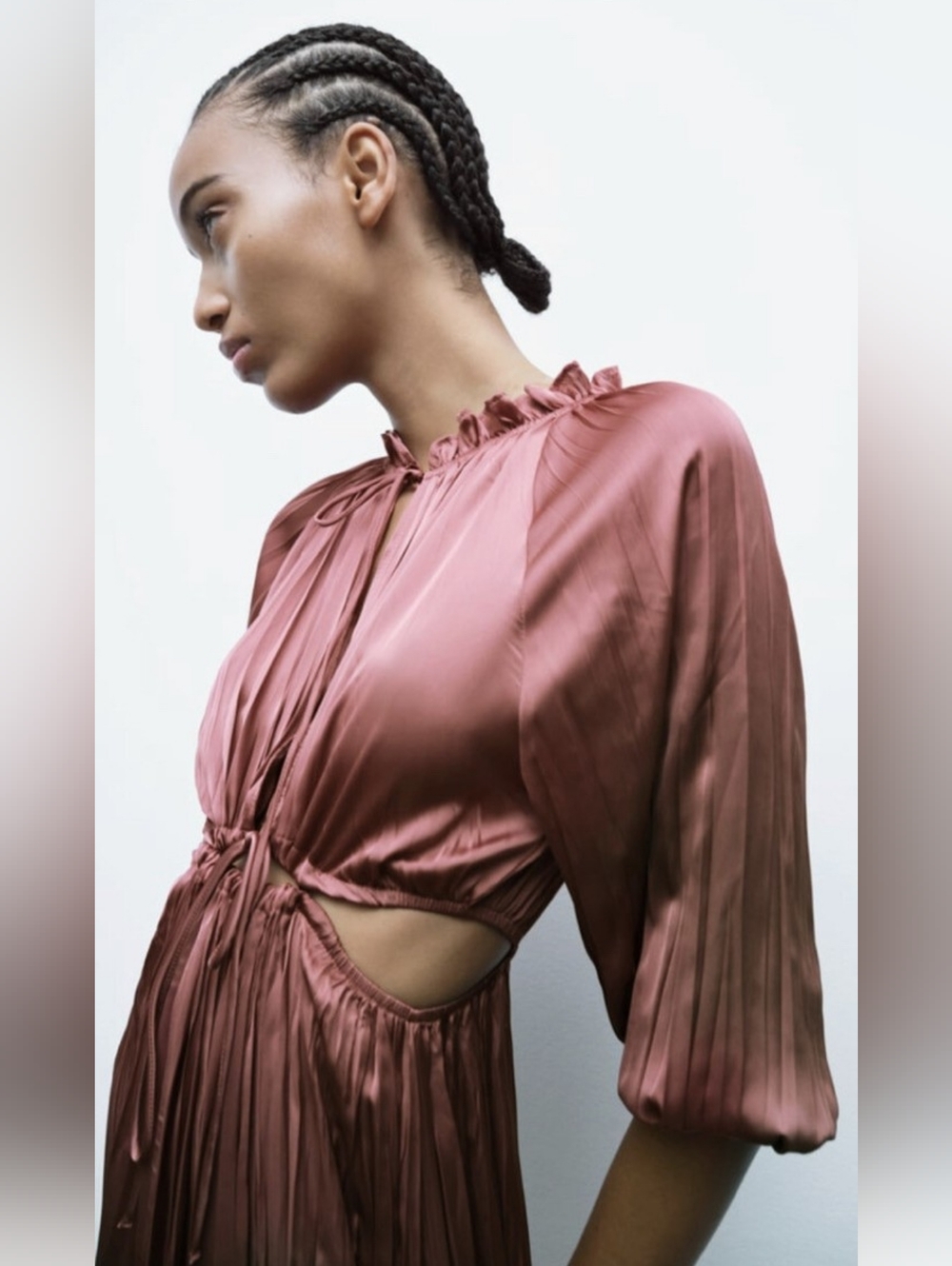 Zara Marsala Satin Effect Pleated Cutout Long Sleeve Maxi Dress - Size Small - Picture 2 of 9